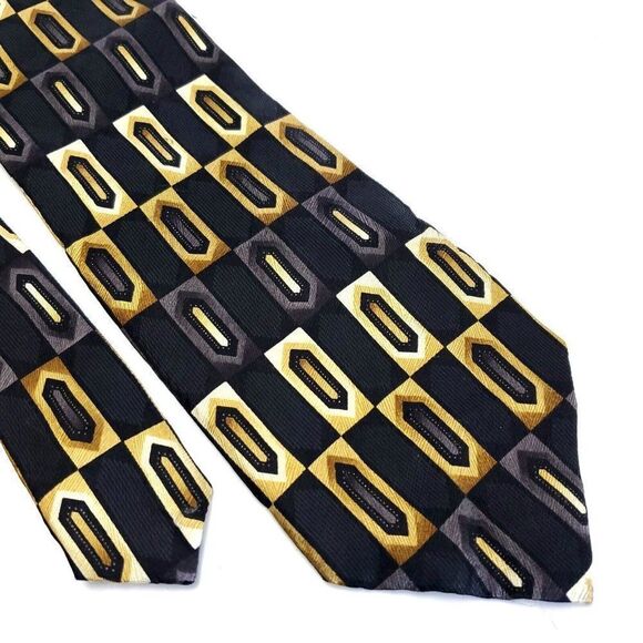 Croft & Barrow Black Gold Silver Geometric Abstract Print Silk Tie - Picture 1 of 7